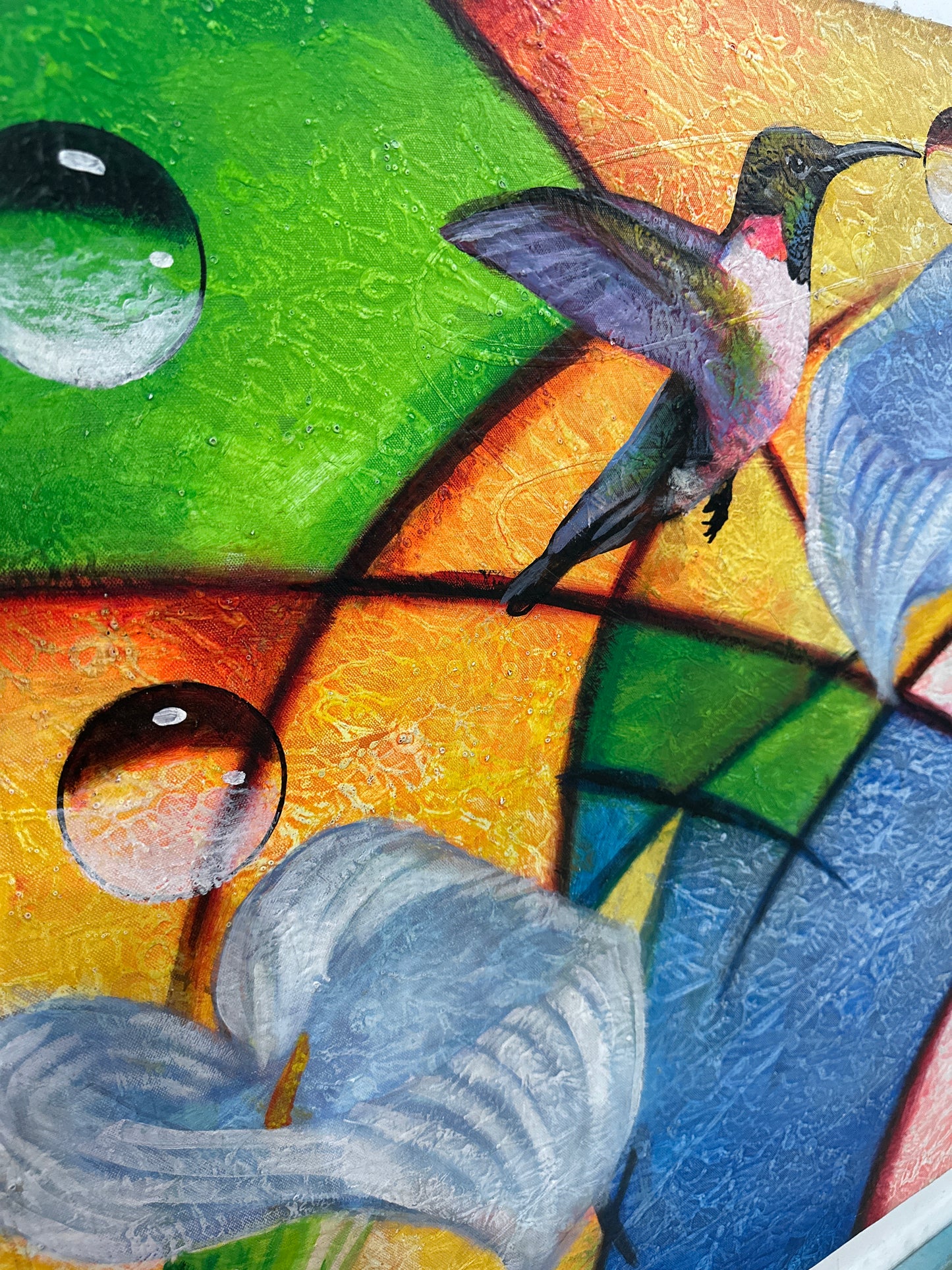 Obra de colobries y cartuchos abstractos 70x148cm