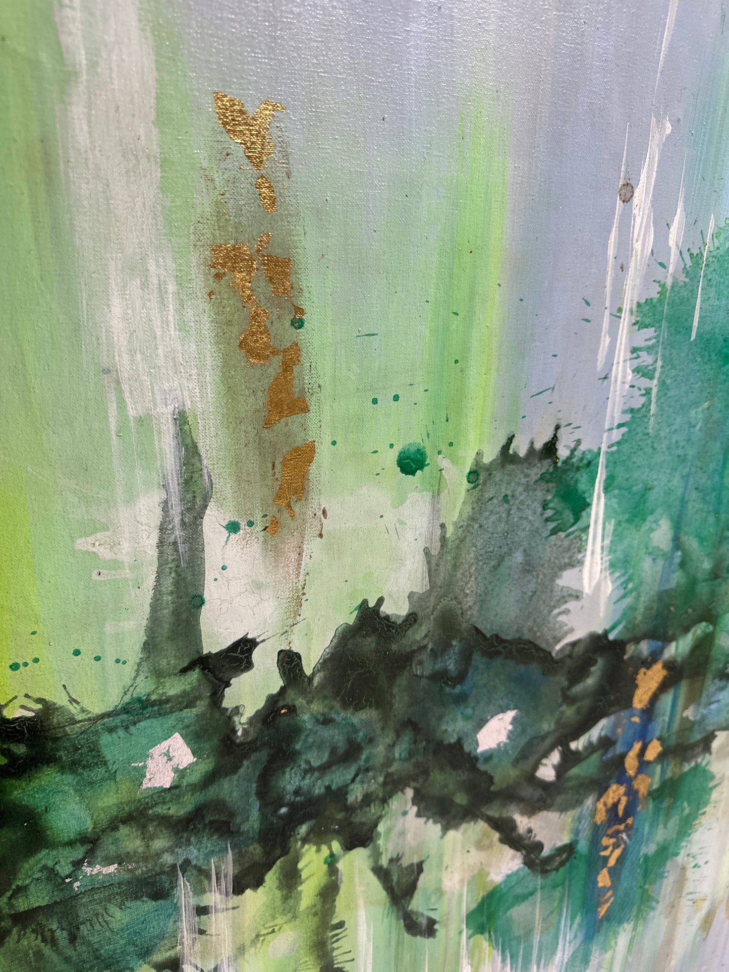Abstracto en tonos verdes y laminilla Dorada (100x140cm)