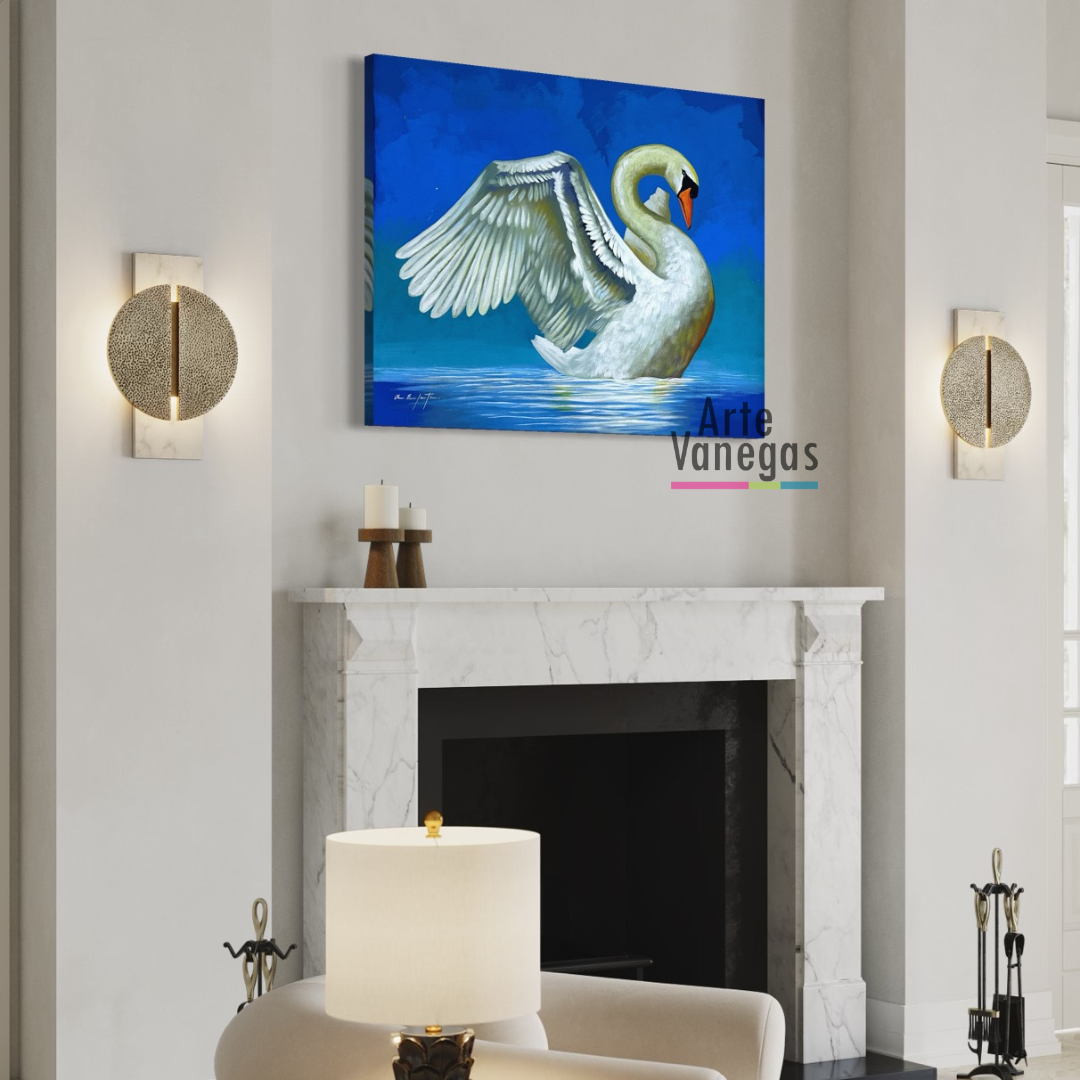 Pintura Cisne en fondo azul (60x86cm)
