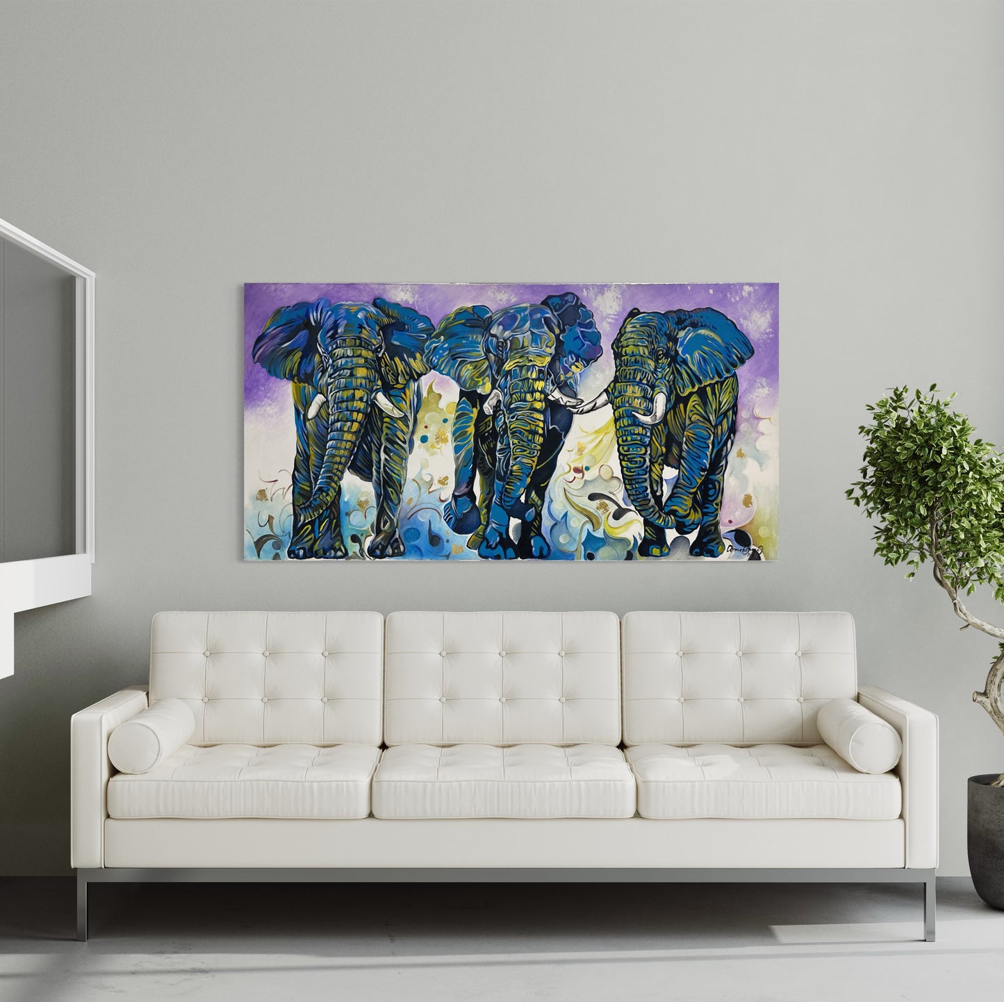 Pintura Elefantes en tonos azules (78x150cm)