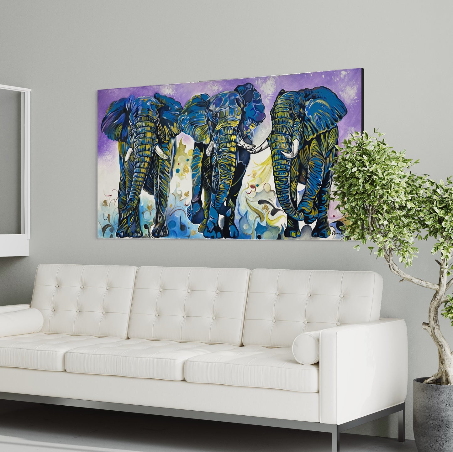 Pintura Elefantes en tonos azules (78x150cm)