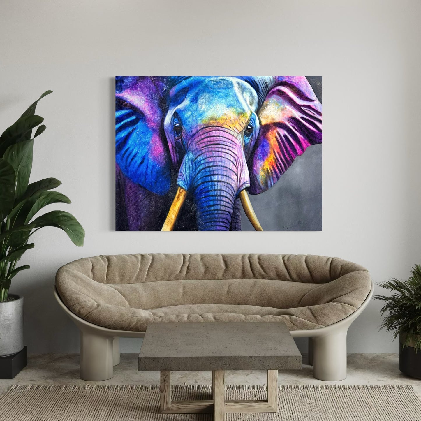 Obra elefante en tonos azules (46”x31”)