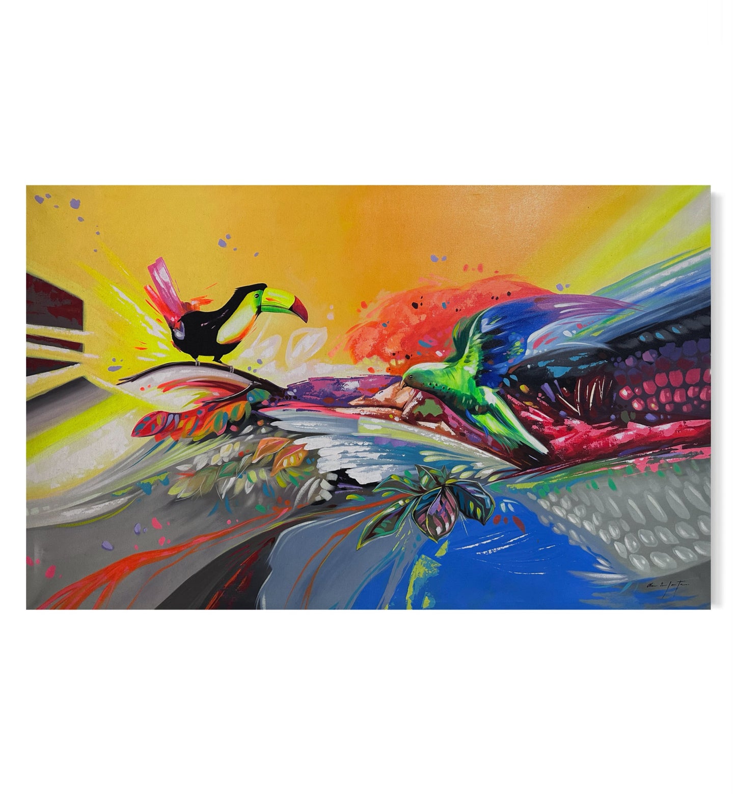 Obra tropical con aves y colores cálidos (93x150cm)