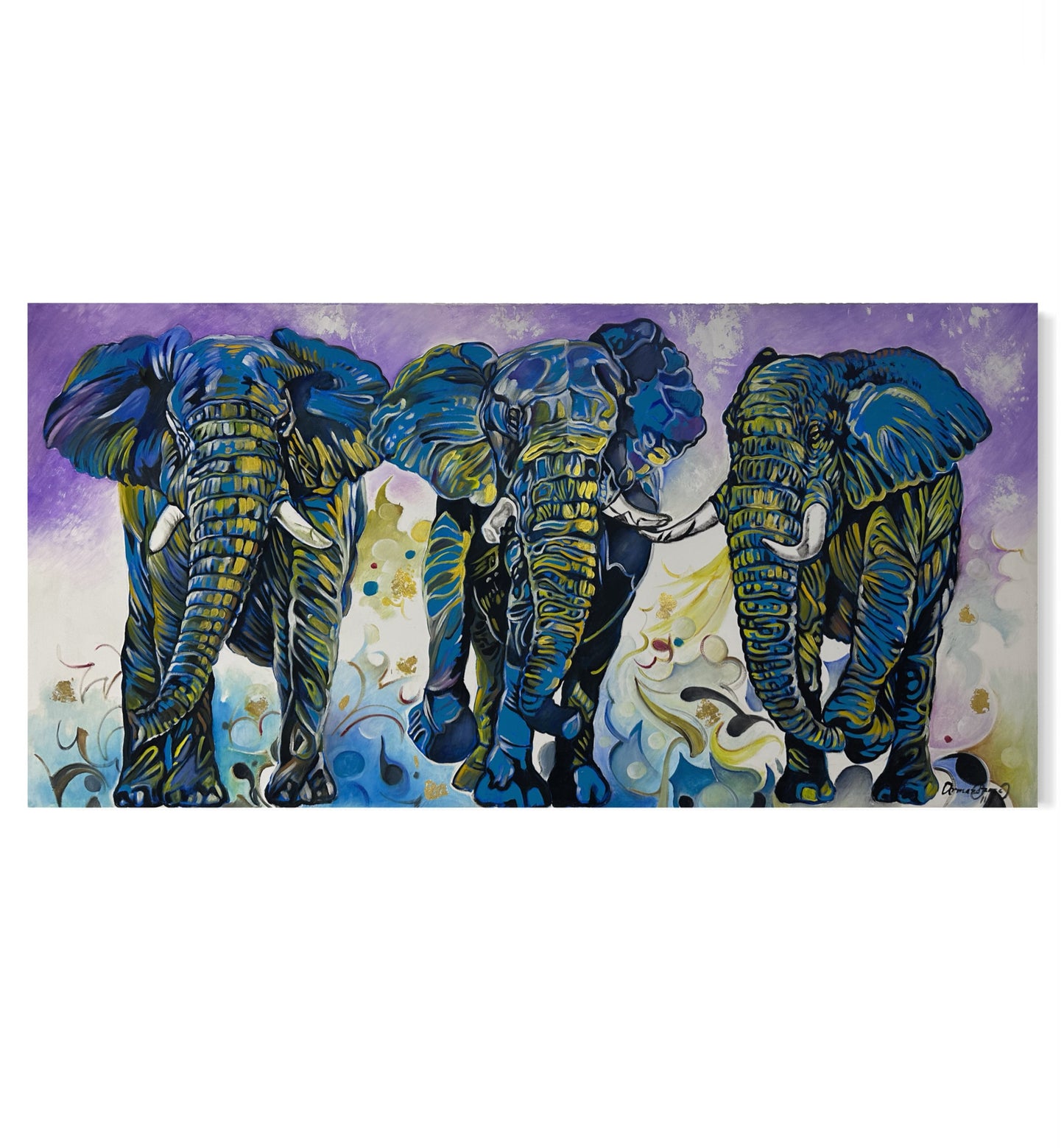 Pintura Elefantes en tonos azules (78x150cm)
