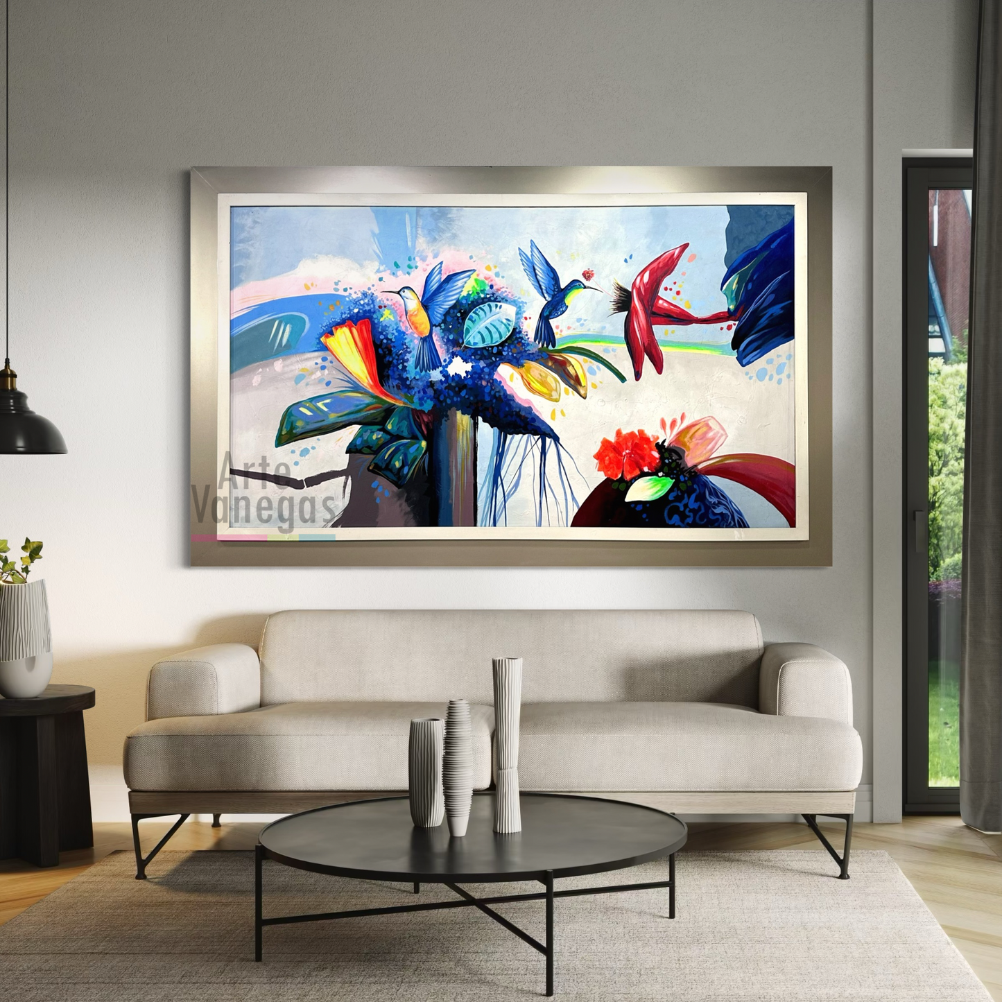 Pintura de flores y colibríes (132x215cm)