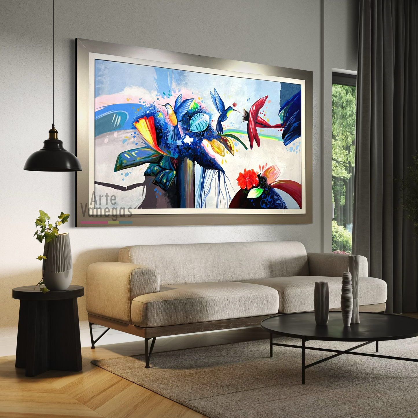 Pintura de flores y colibríes (132x215cm)