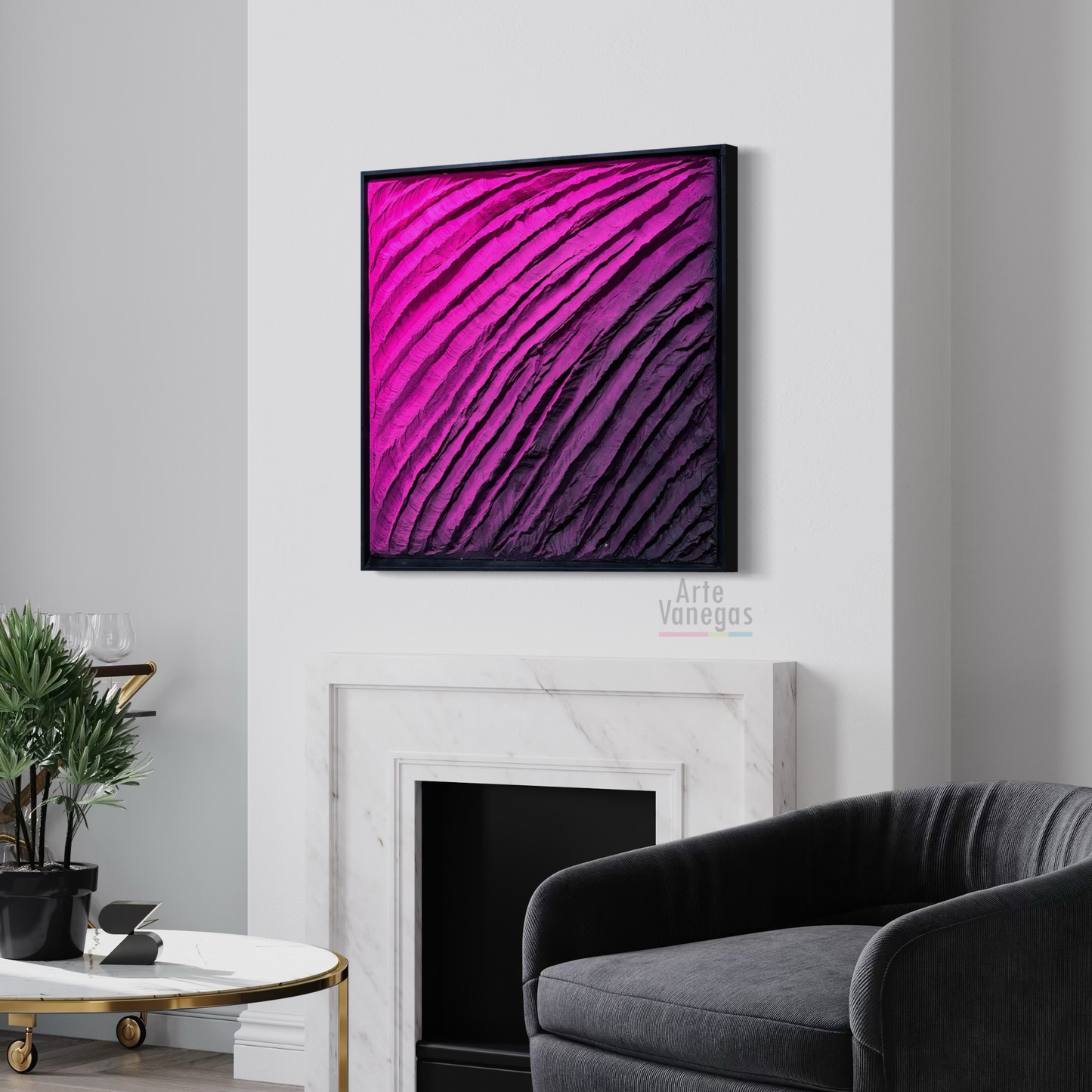 Obra “Rosa Rocosa” texturizada en degradación de fucsia.