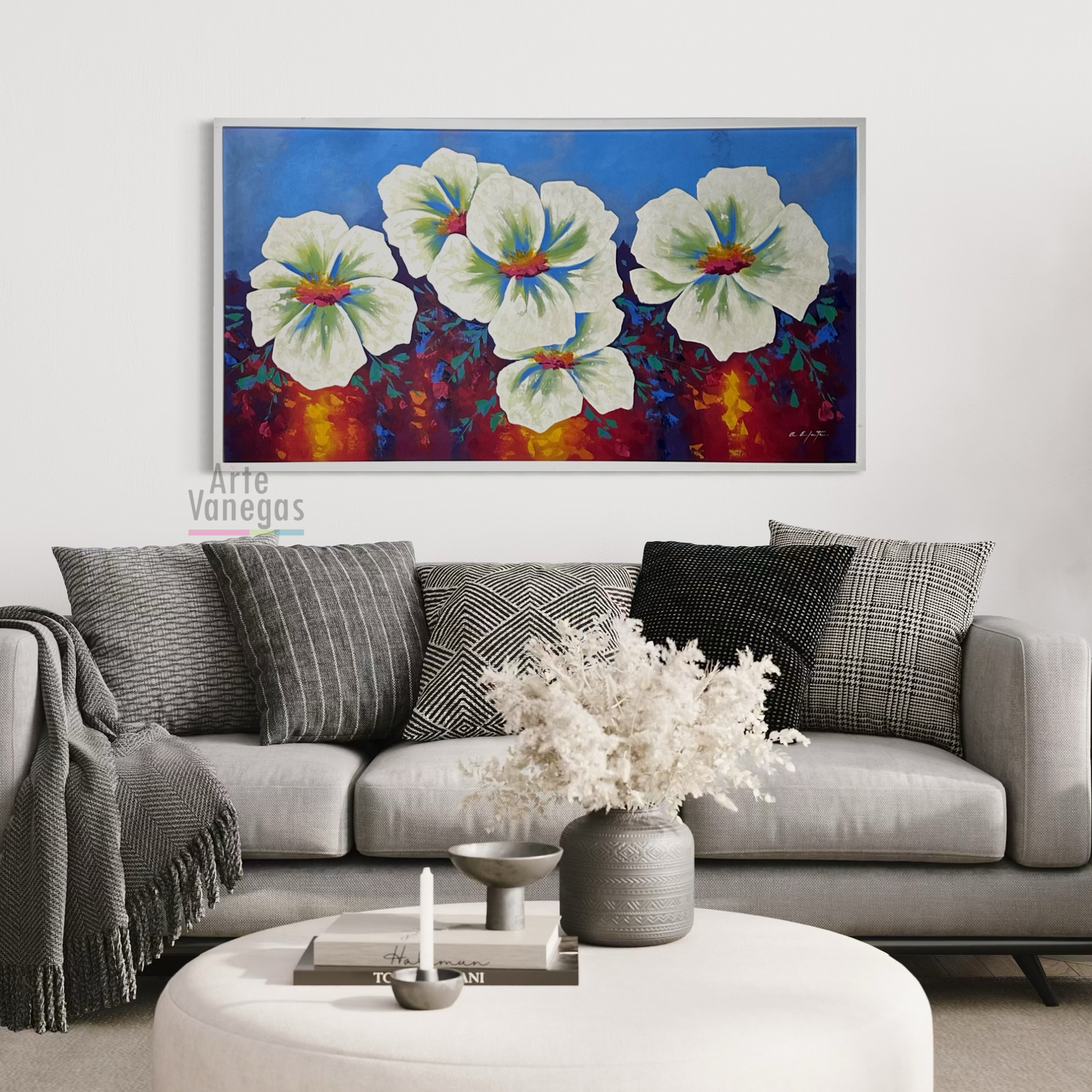 Margaritas en fondo abstracto cálido (82x152cm)