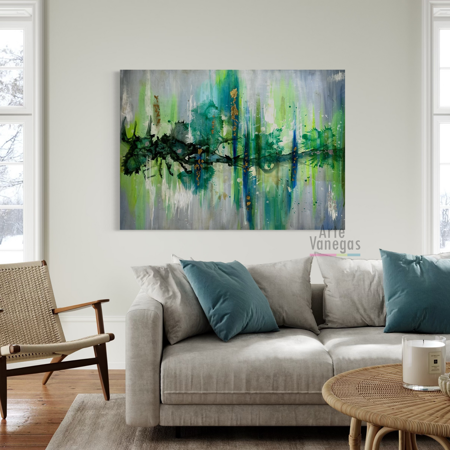 Abstracto en tonos verdes y laminilla Dorada (100x140cm)