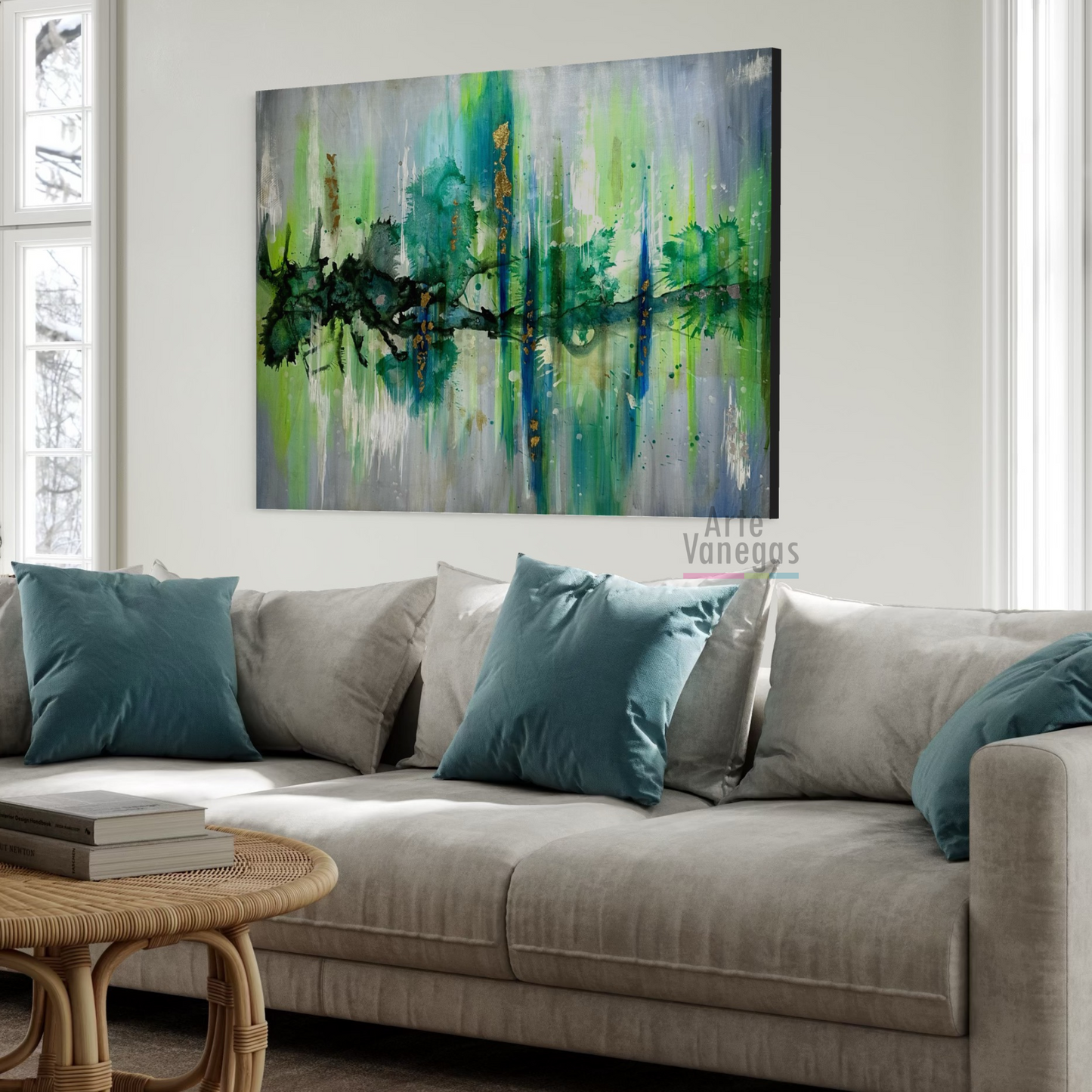 Abstracto en tonos verdes y laminilla Dorada (100x140cm)