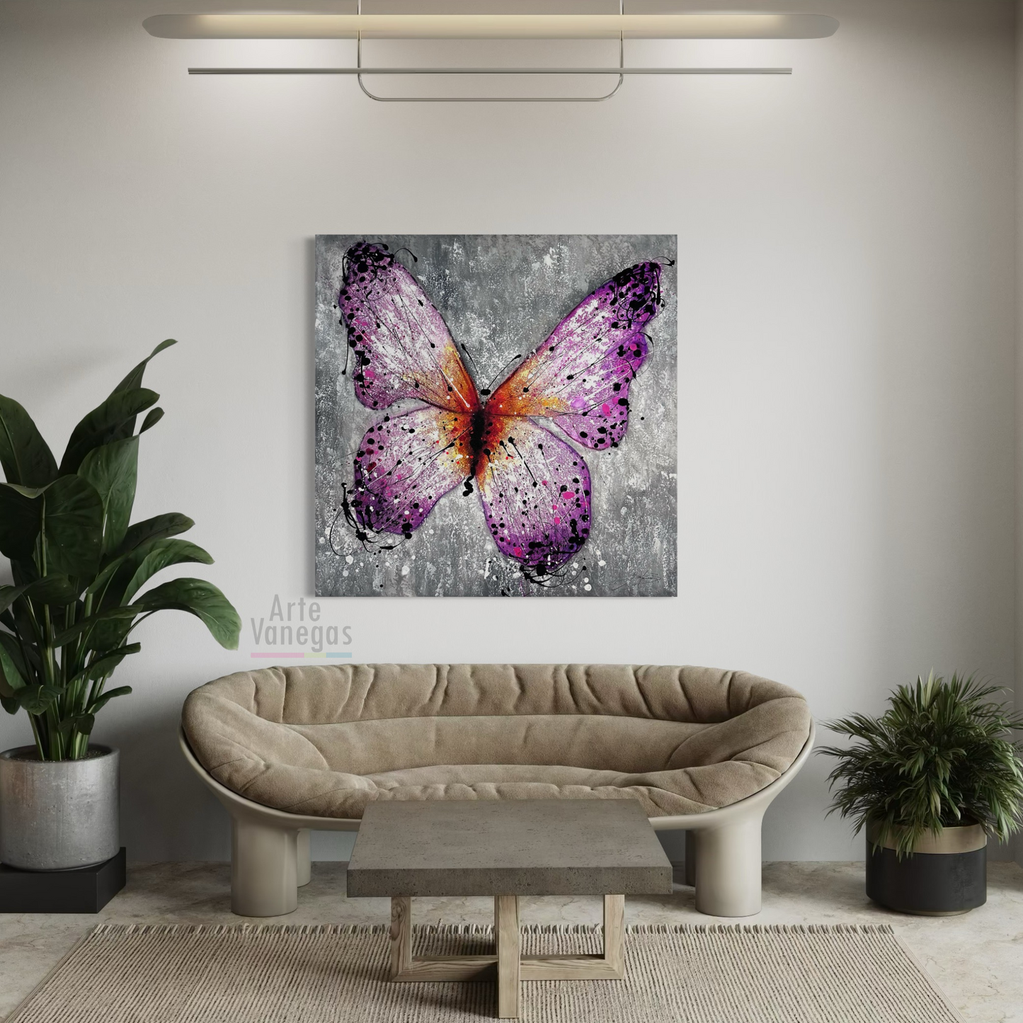 Obra Mariposa lila con textura (120x120cm)