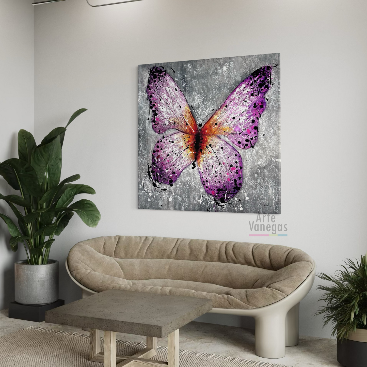 Obra Mariposa lila con textura (120x120cm)