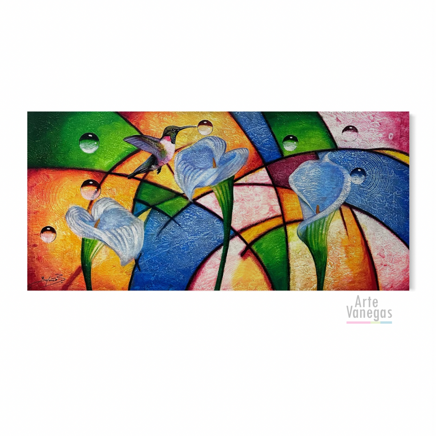 Obra de colobries y cartuchos abstractos 70x148cm