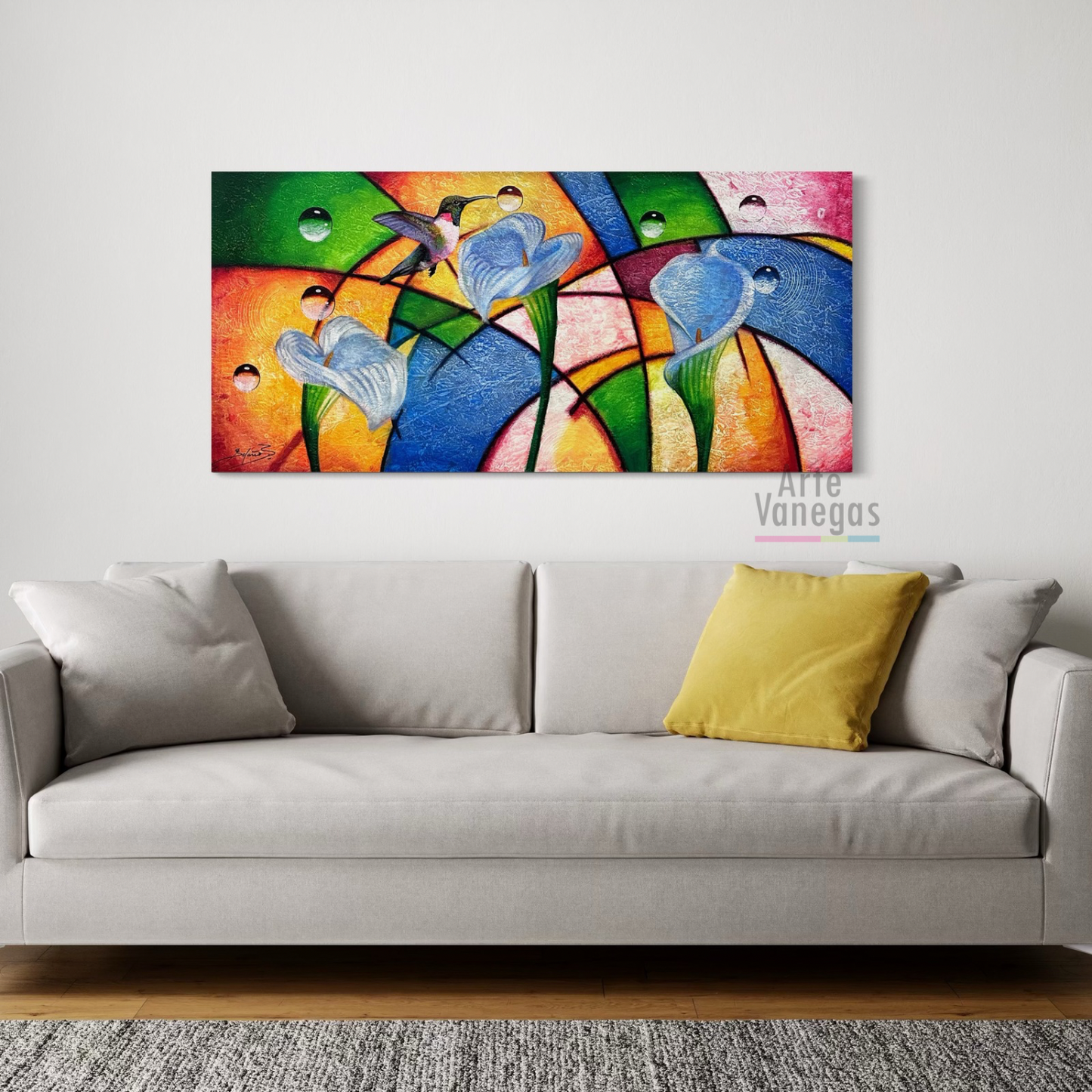 Obra de colobries y cartuchos abstractos 70x148cm