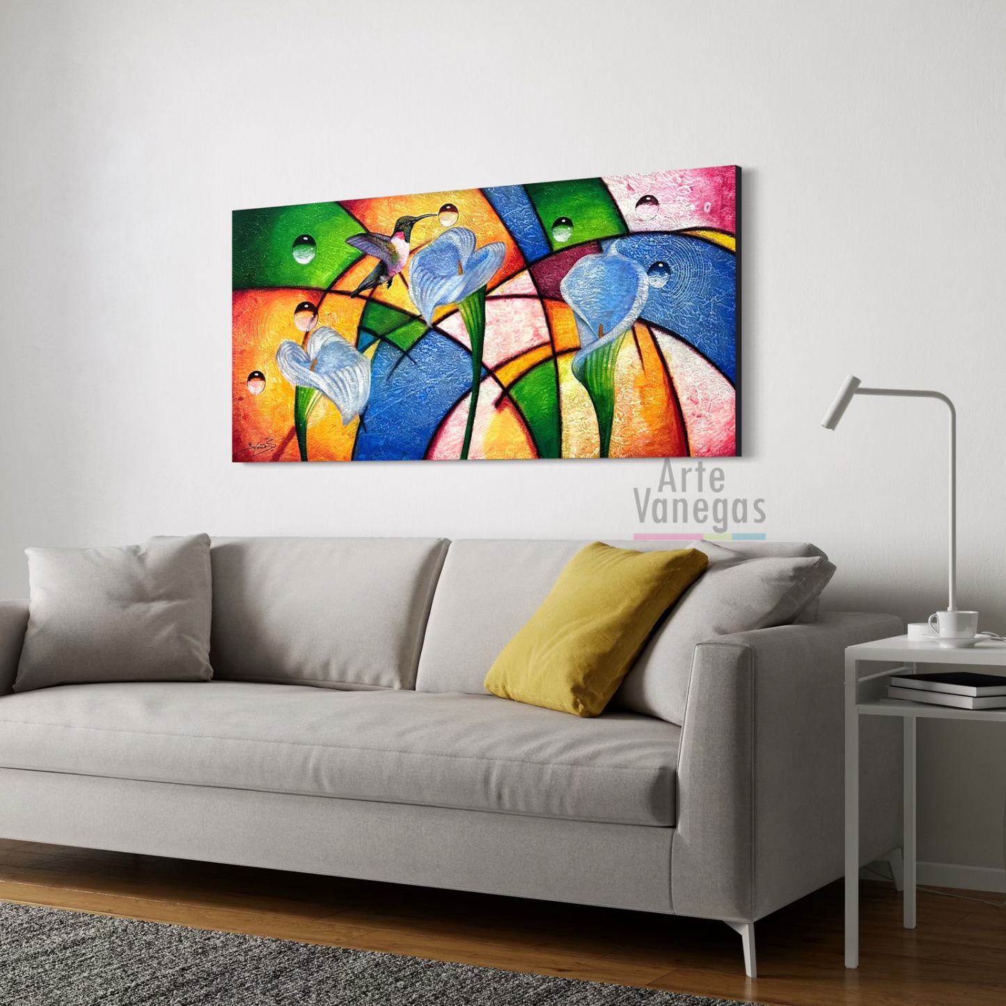 Obra de colobries y cartuchos abstractos 70x148cm