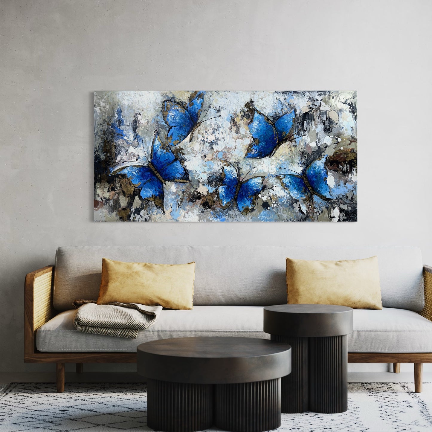 Pintura de Mariposas azules con texturas (34"x70")