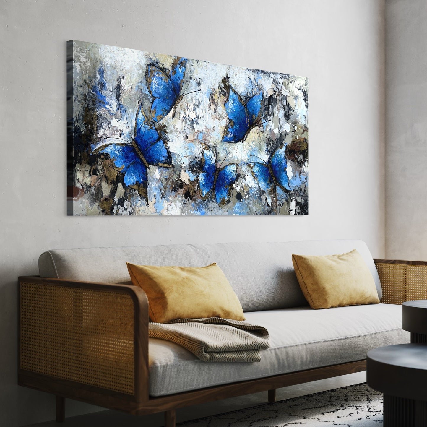 Pintura de Mariposas azules con texturas (34"x70")