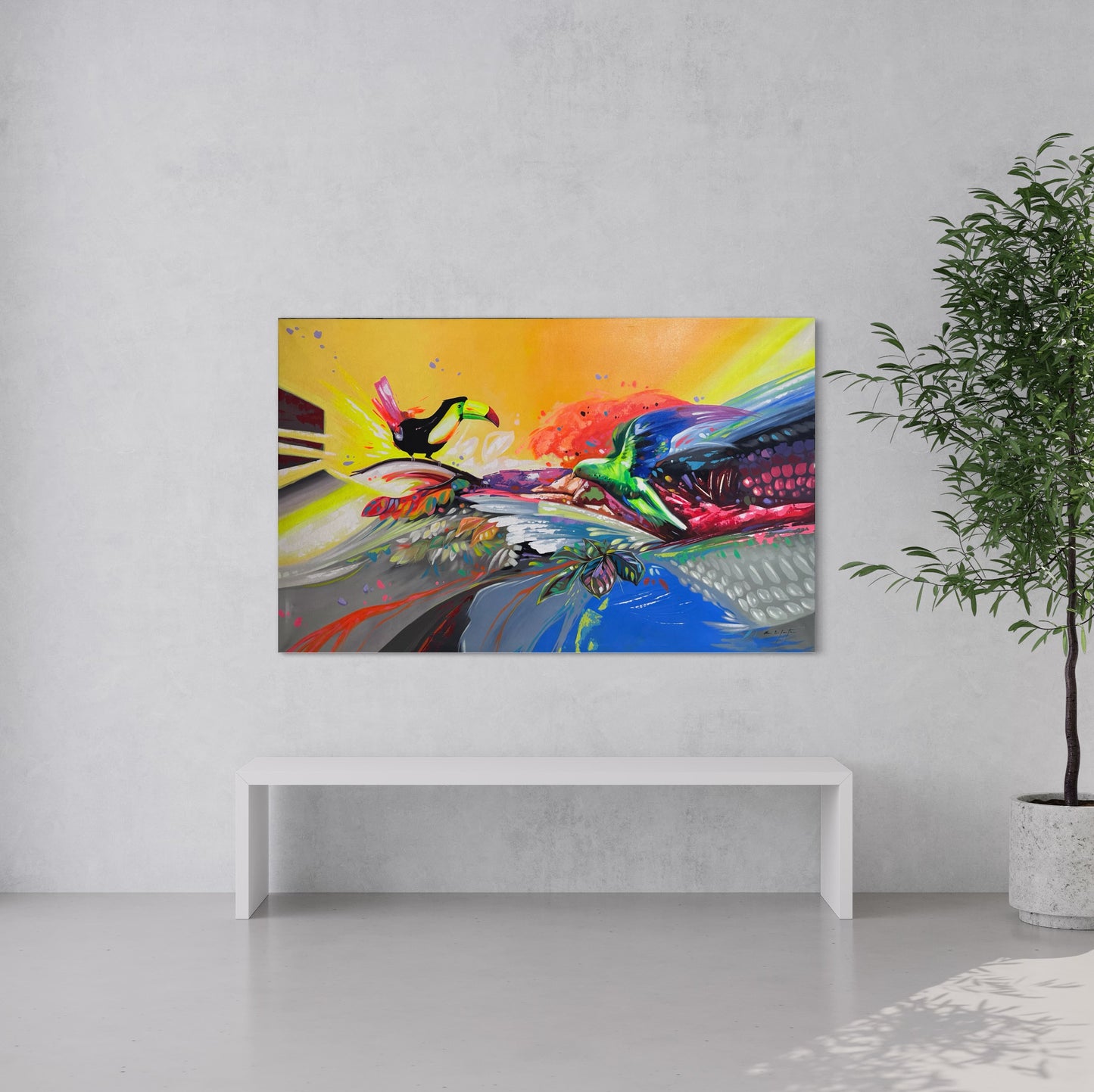 Obra tropical con aves y colores cálidos (93x150cm)