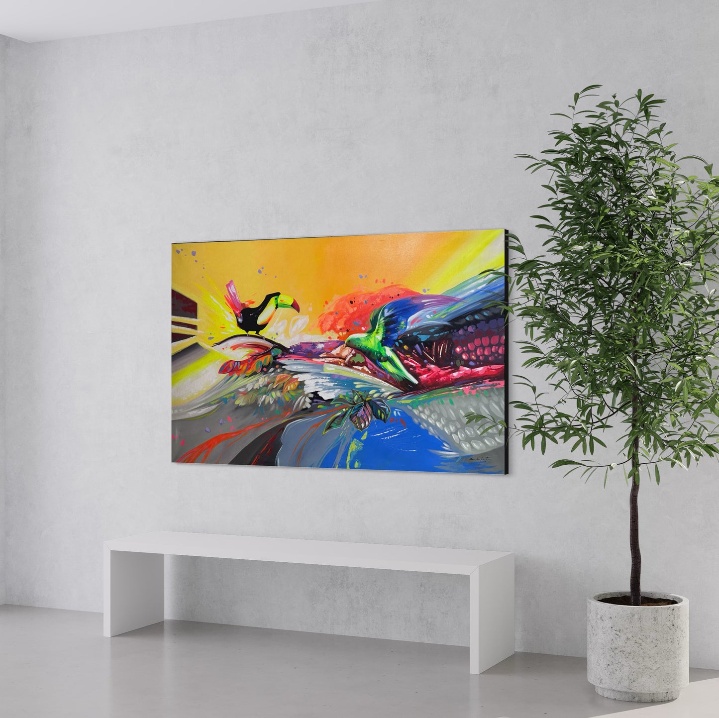 Obra tropical con aves y colores cálidos (93x150cm)
