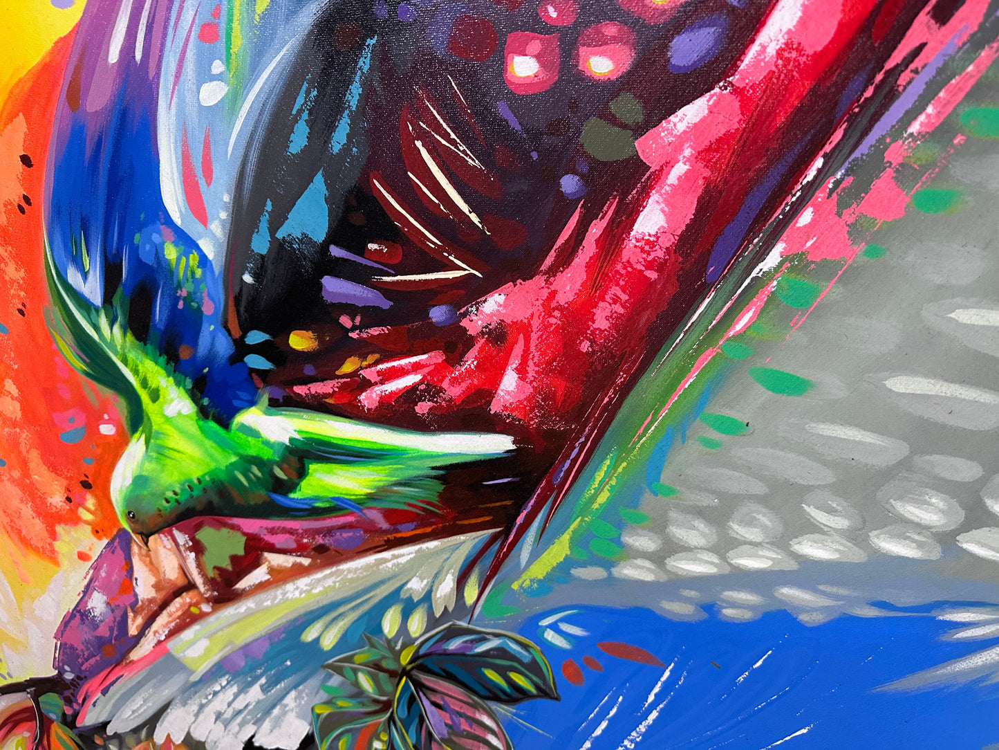 Obra tropical con aves y colores cálidos (93x150cm)