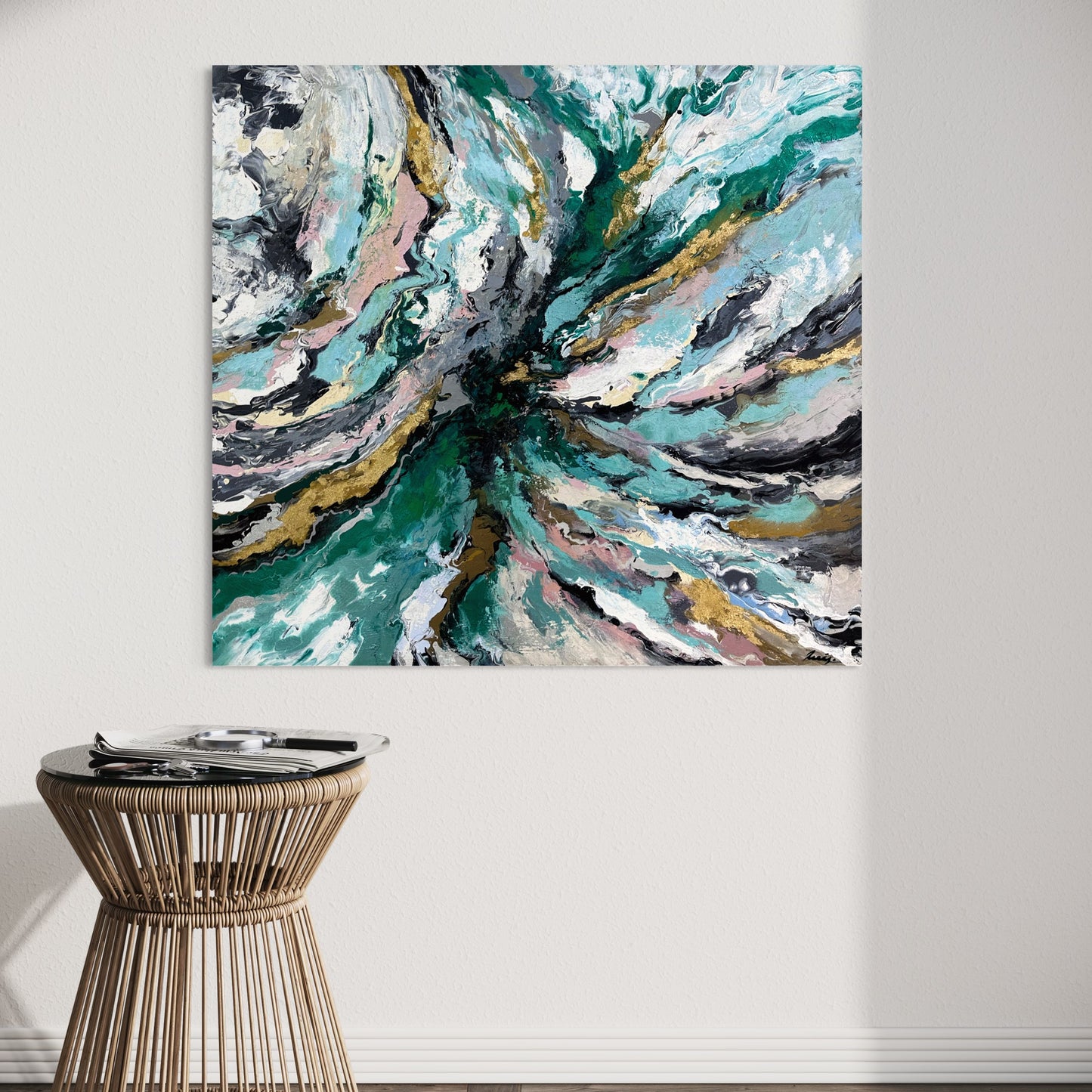 Pintura abstracta en tonos verdes y grises (43"x43")