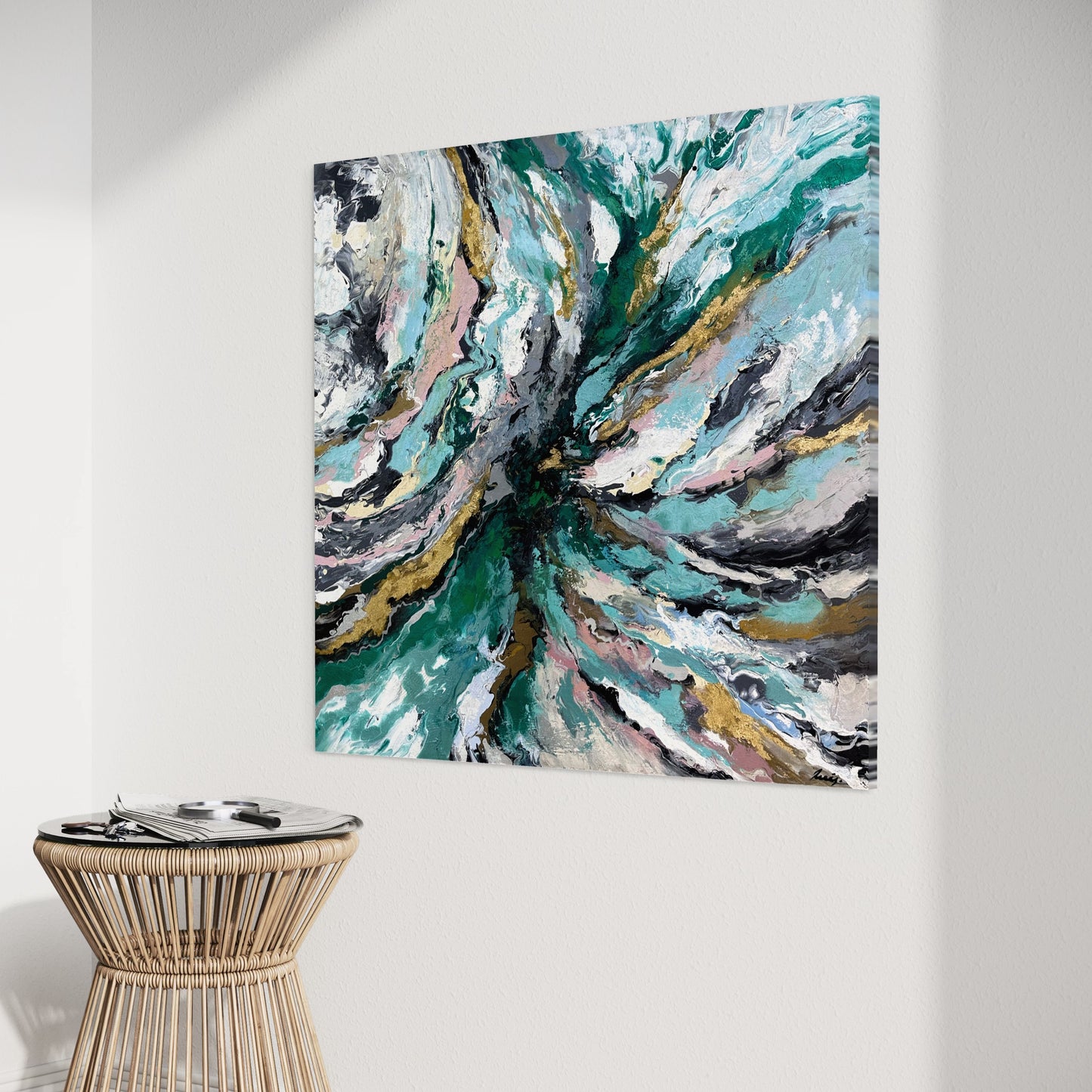 Pintura abstracta en tonos verdes y grises (43"x43")