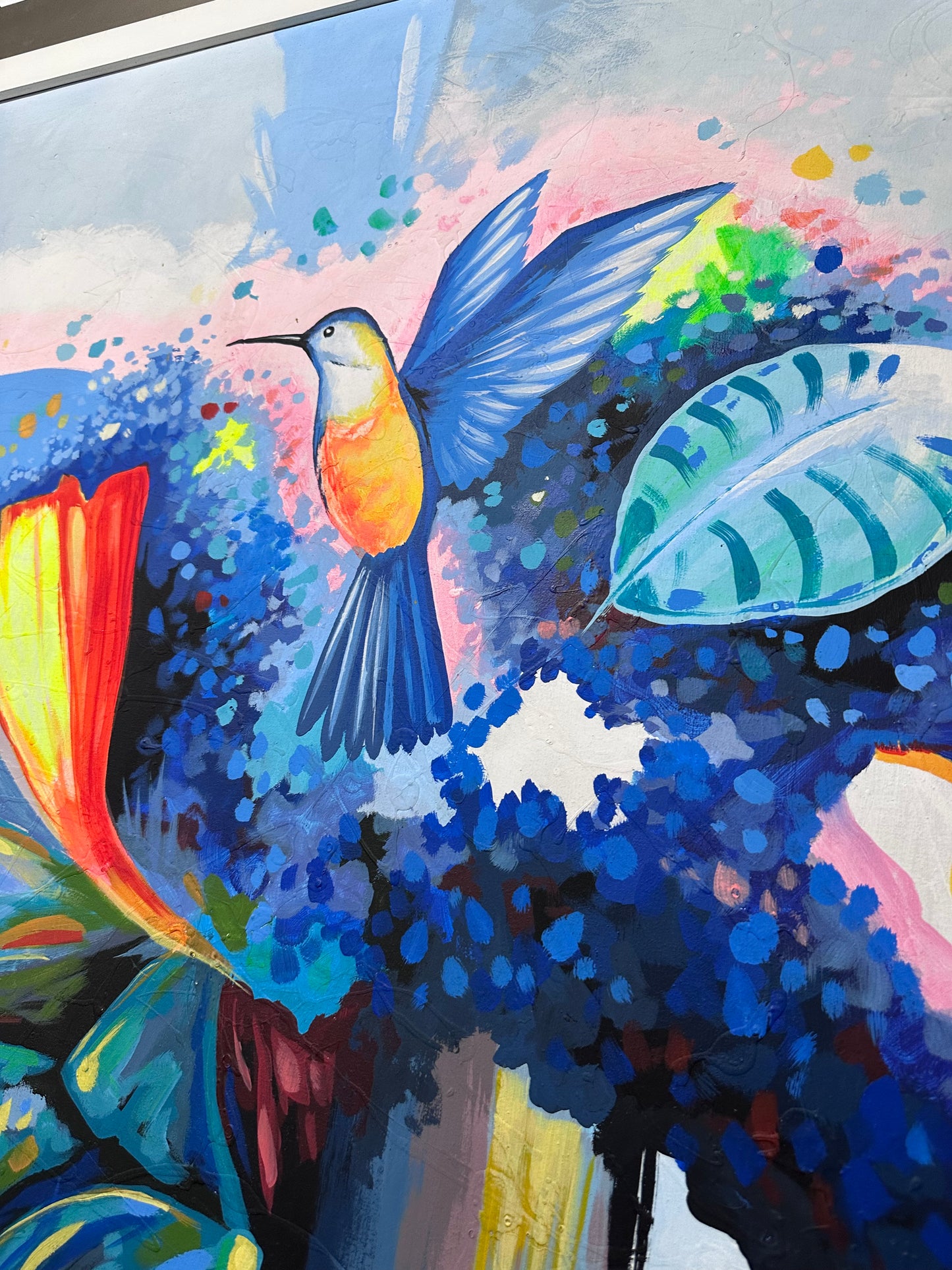Pintura de flores y colibríes (132x215cm)