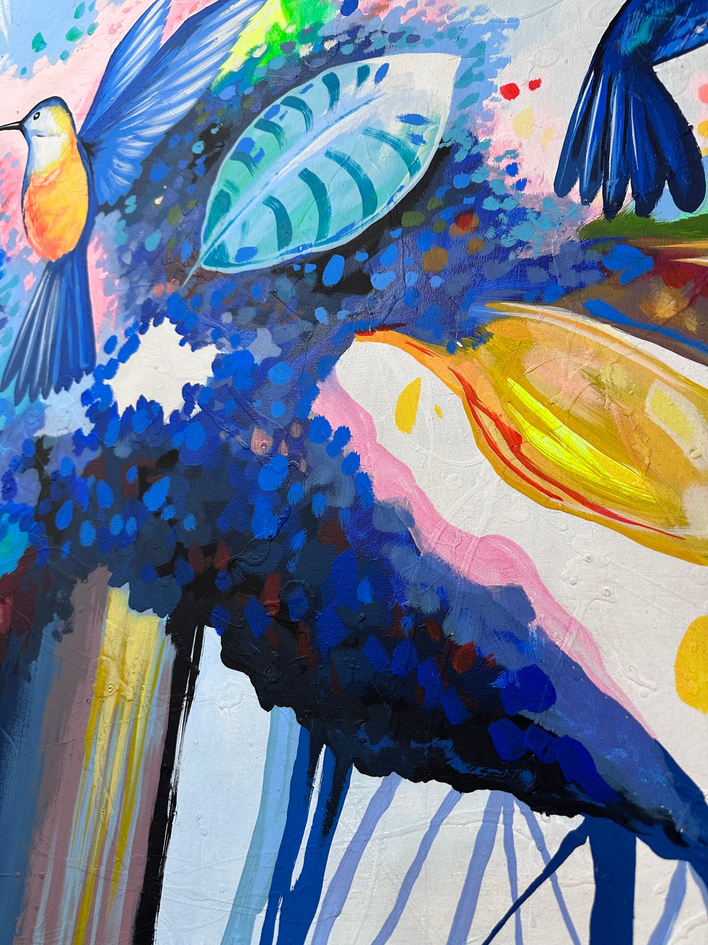 Pintura de flores y colibríes (132x215cm)