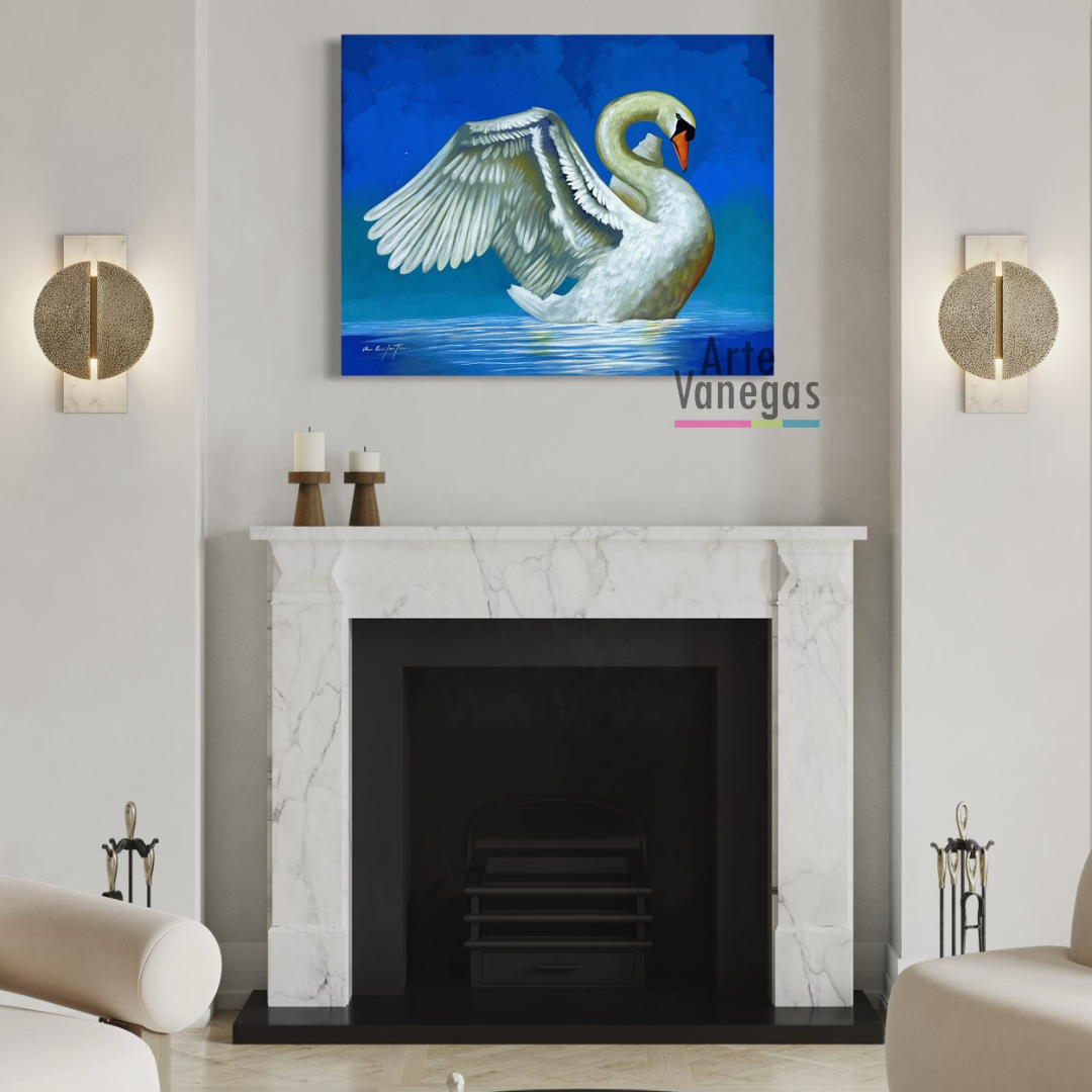 Pintura Cisne en fondo azul (60x86cm)