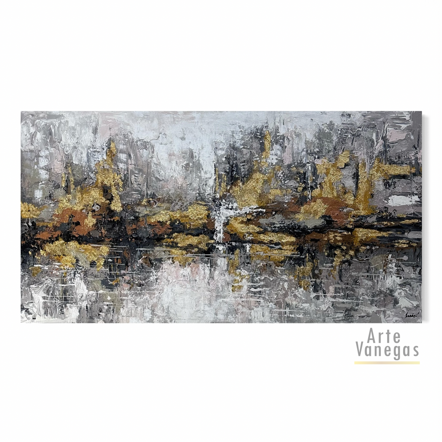 Ciudad abstracta en tonos grises con laminilla dorada (98x 182cm)