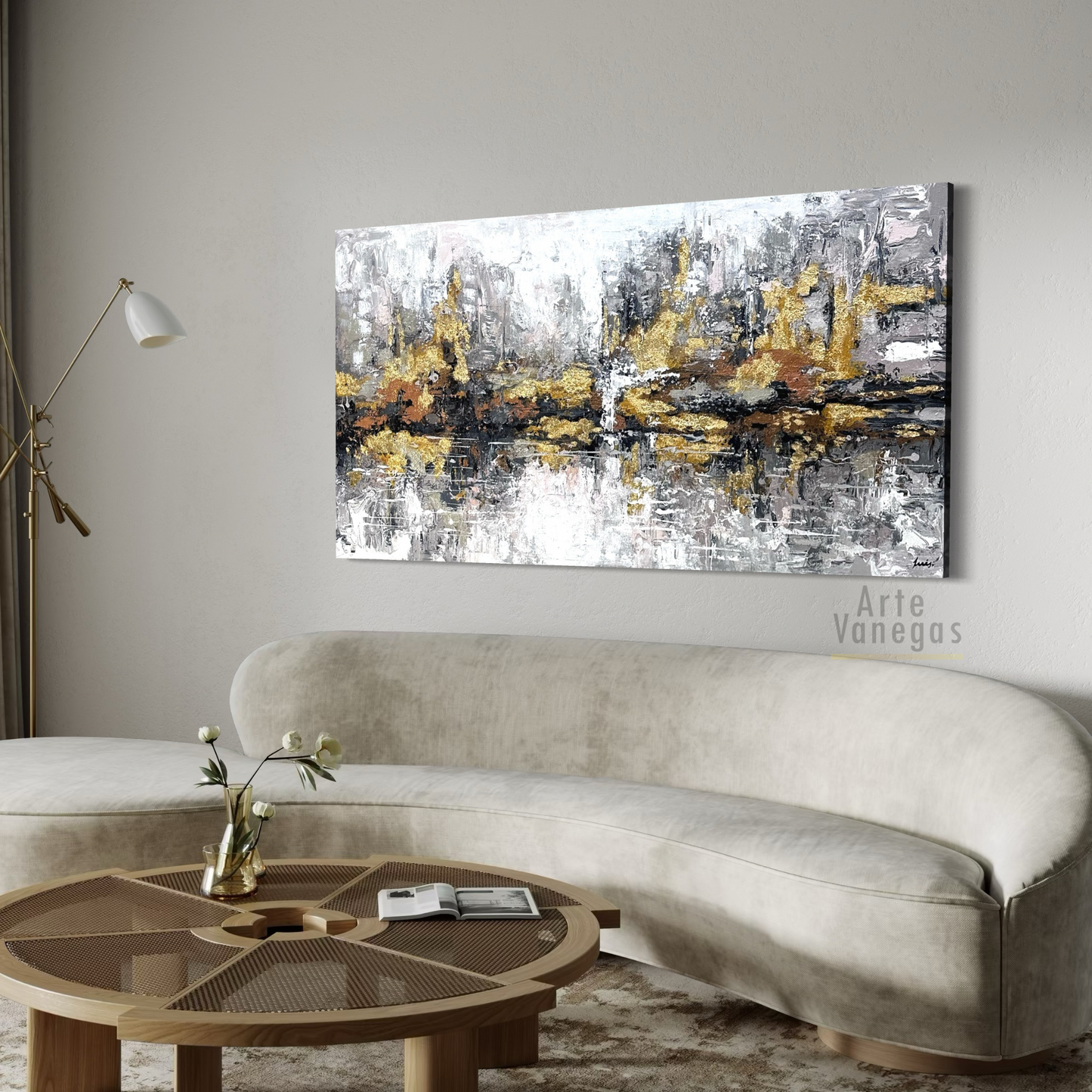 Ciudad abstracta en tonos grises con laminilla dorada (98x 182cm)