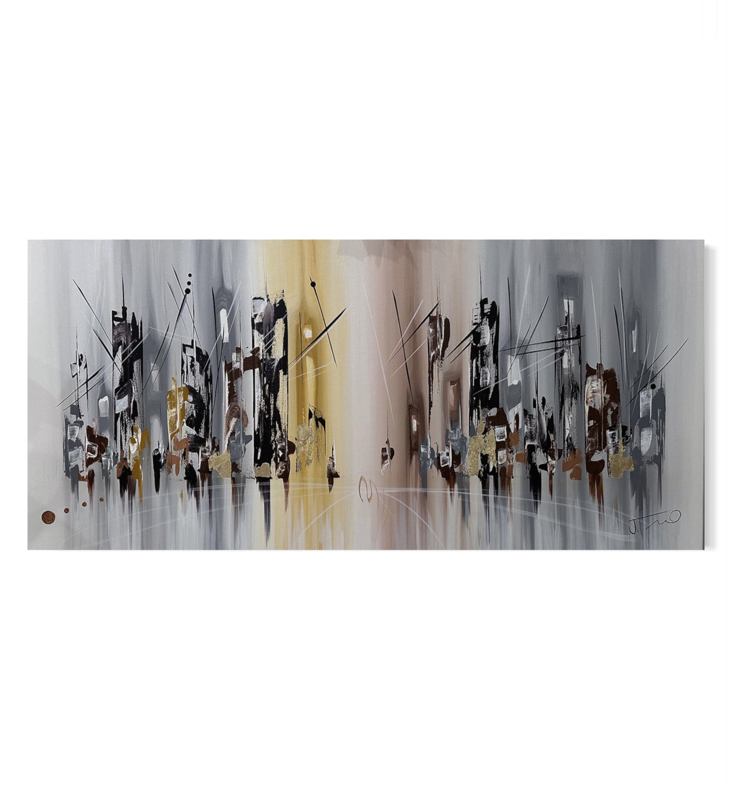 Pintura de ciudad abstracta en fondo gris y amarillo (27"x59")