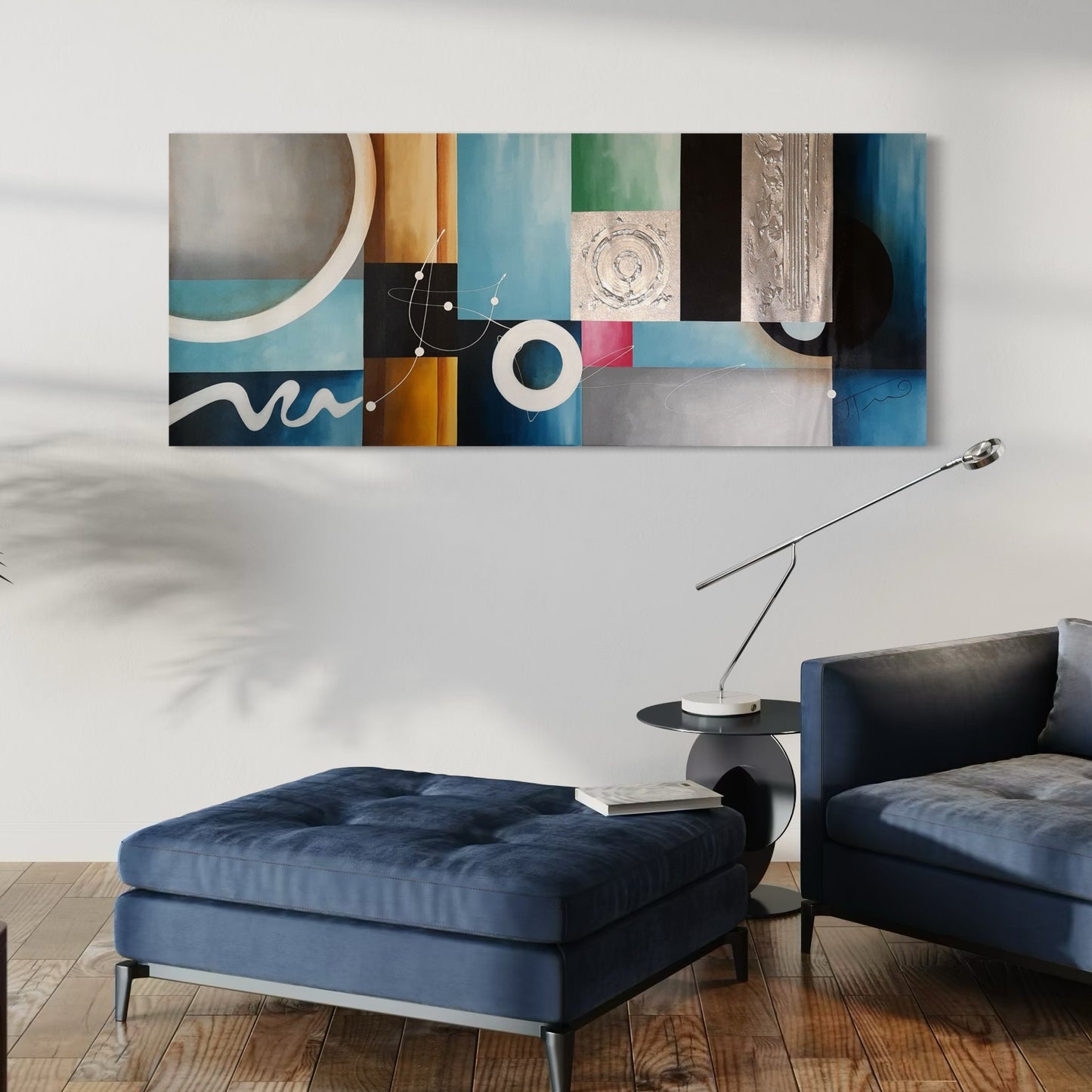 Pintura abstracta en tonos azules y grises con textura (23"x56")