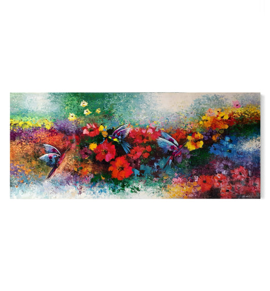 Obra Jardín y colibríes en espátula (29"x63")