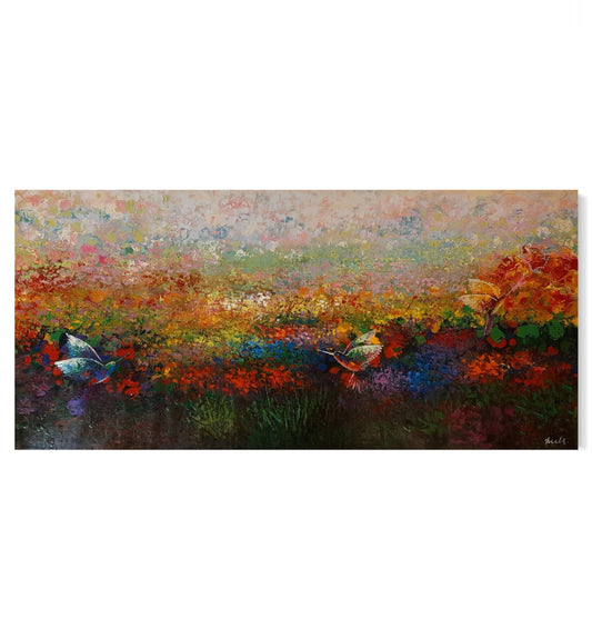 Obra jardín y colibríes en espátula (27"x58")