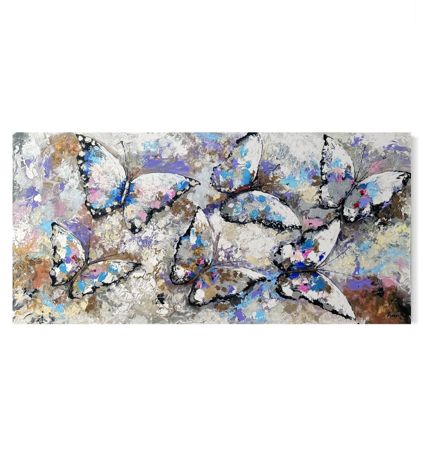 Pintura de mariposas abstractas en tonos fríos (30"x66")