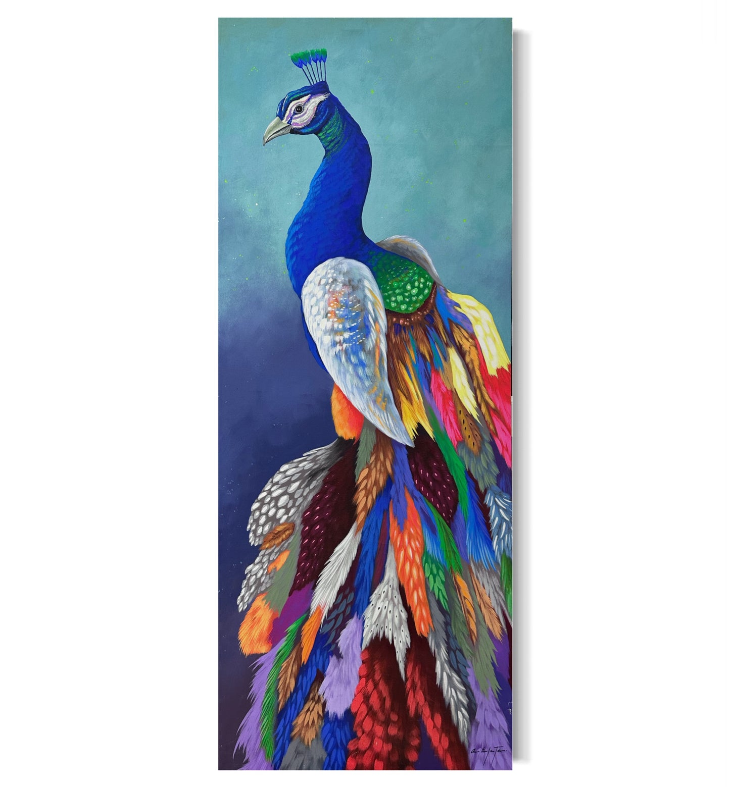 Pintura pavo real en formato vertical (54"x 23")