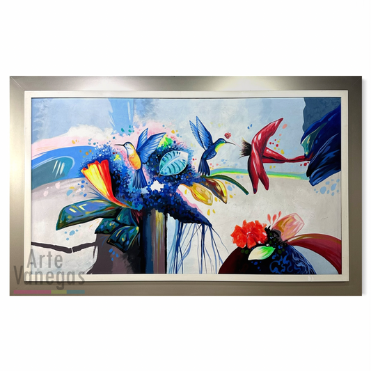 Pintura de flores y colibríes (132x215cm)