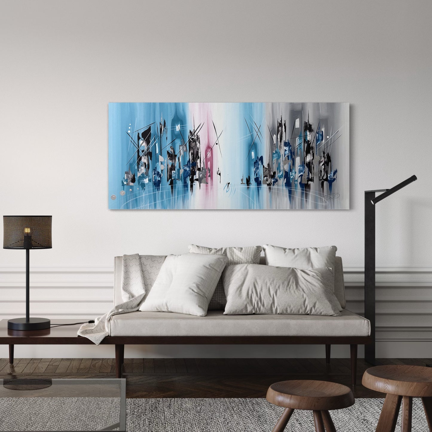 Pintura de ciudad abstracta en tonos azules (27"x59")