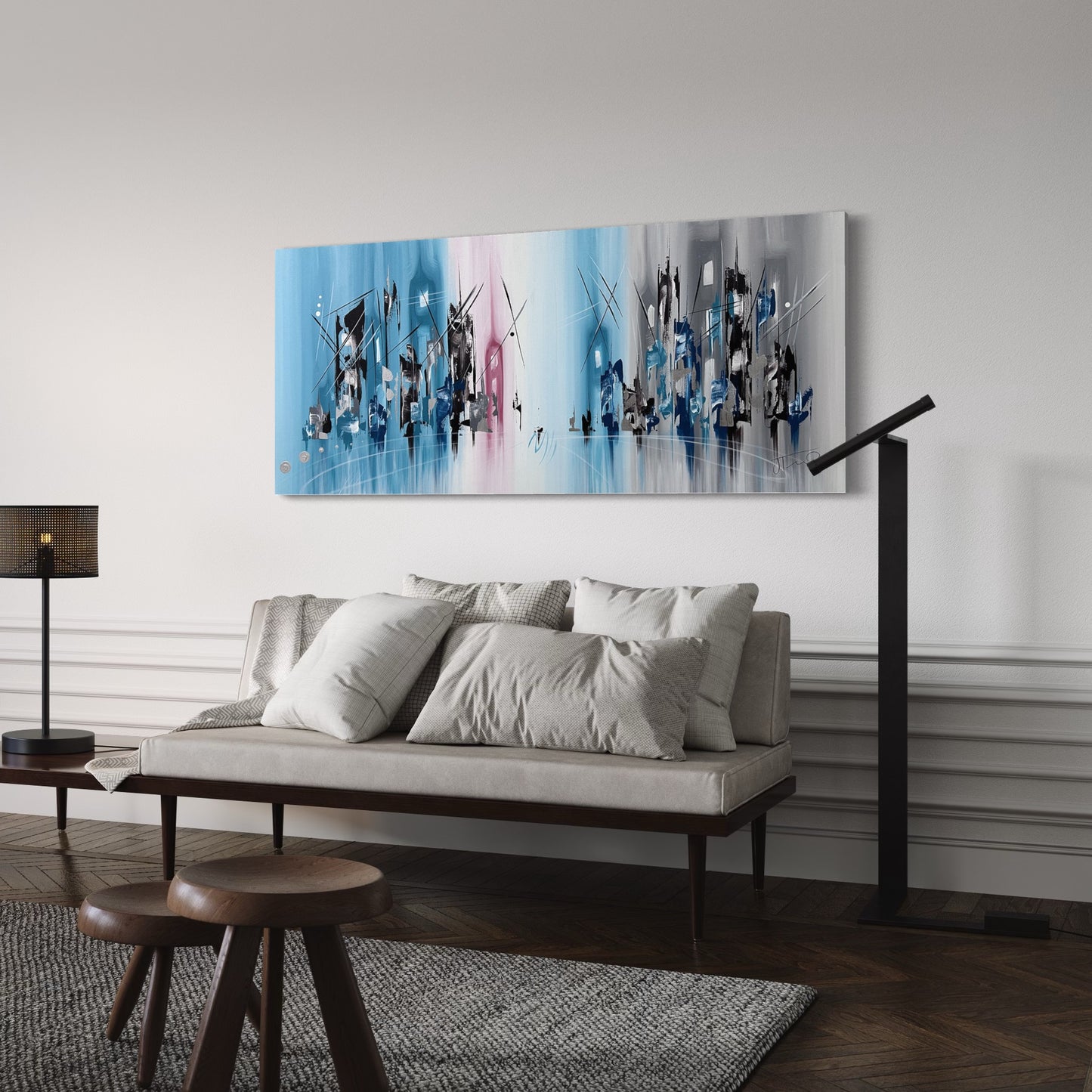 Pintura de ciudad abstracta en tonos azules (27"x59")