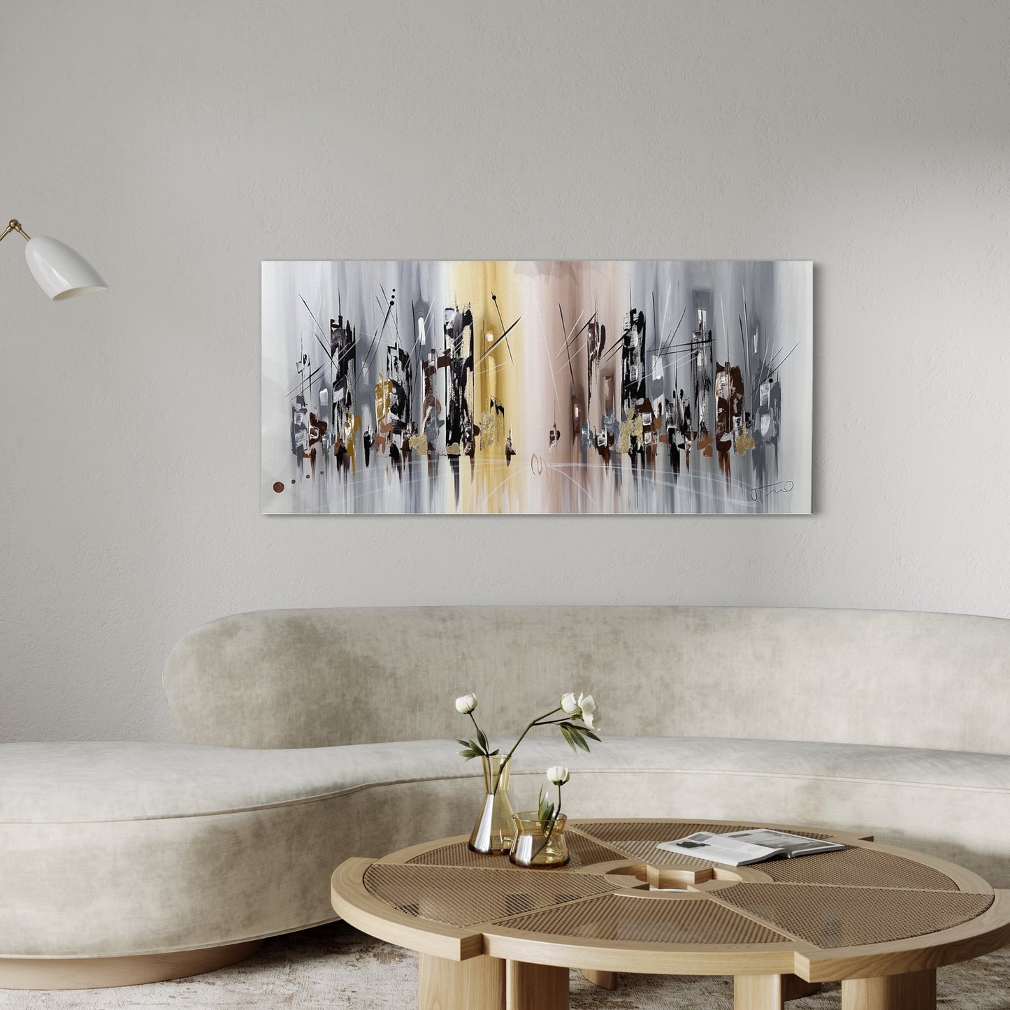 Pintura de ciudad abstracta en fondo gris y amarillo (27"x59")