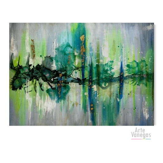 Abstracto en tonos verdes y laminilla Dorada (100x140cm)