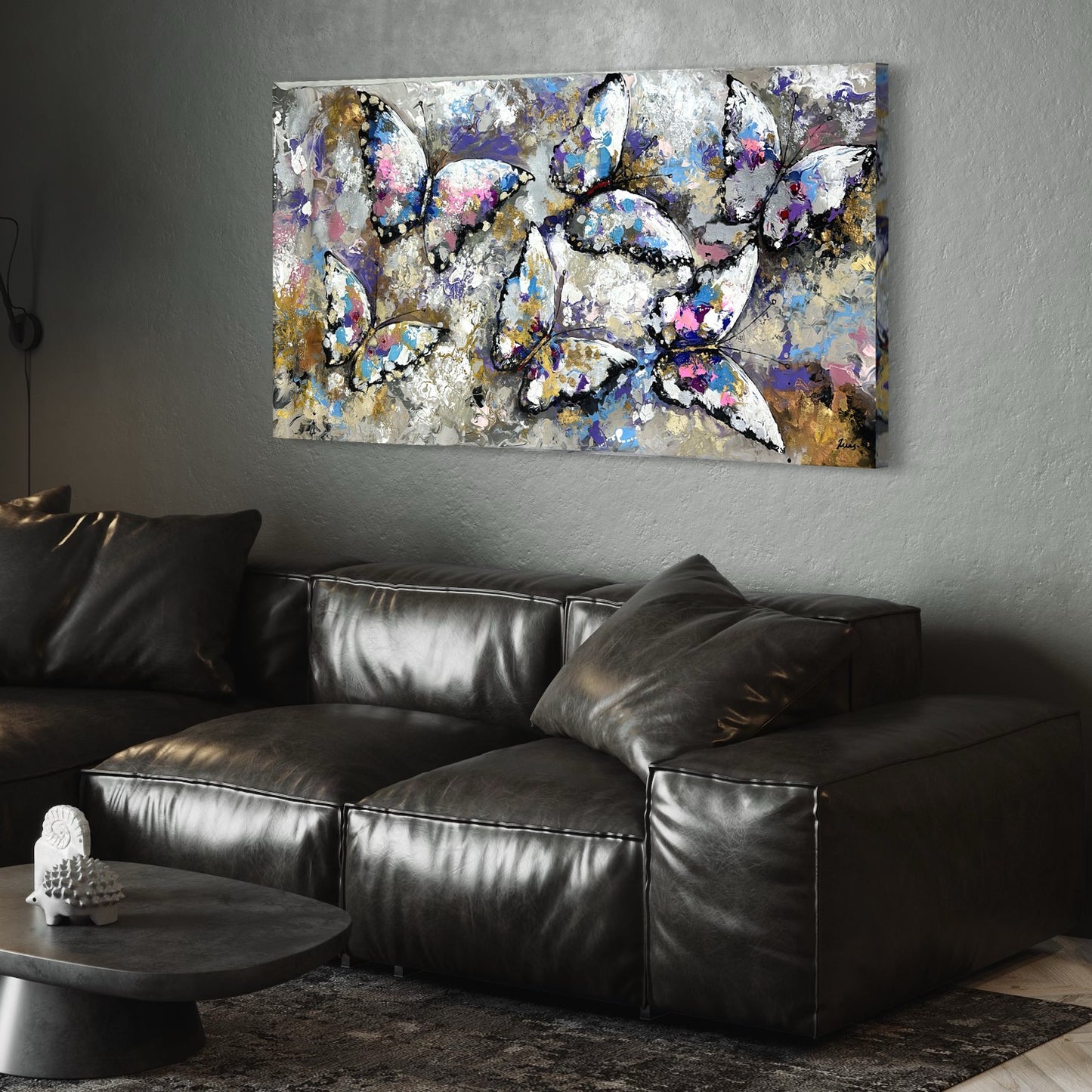 Pintura de mariposas abstractas en tonos fríos (30"x66")