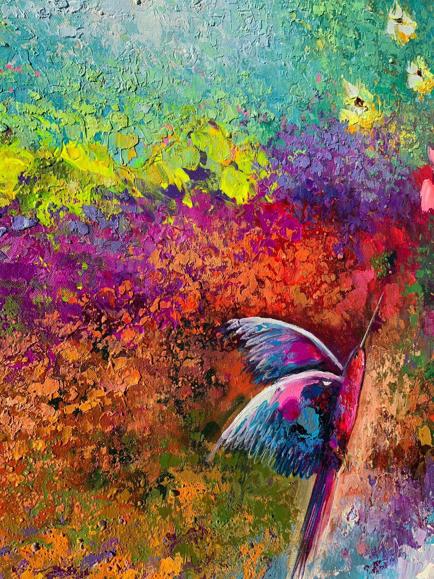 Obra Jardín y colibríes en espátula (29"x63")