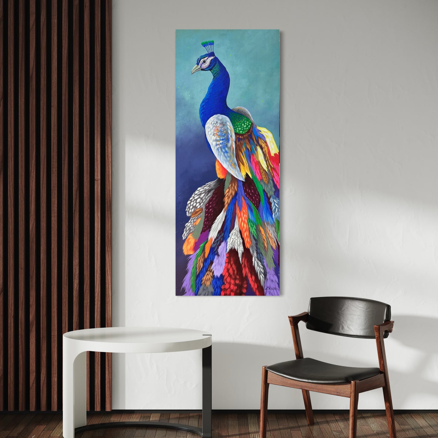 Pintura pavo real en formato vertical (54"x 23")