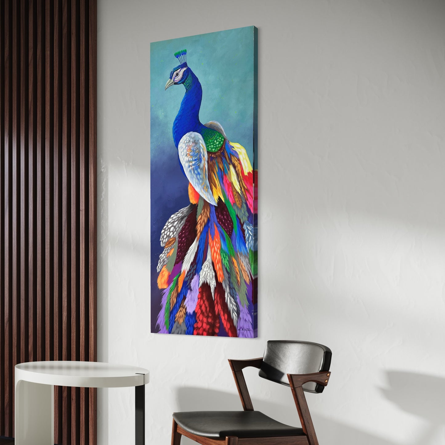 Pintura pavo real en formato vertical (54"x 23")